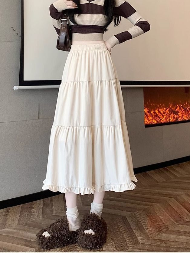 Ruffle Trim Plain Maxi Skirt with High Waist