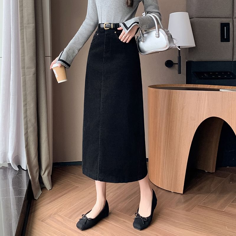 Slit Corduroy Midi Straight Skirt in Plain High-Rise Fit