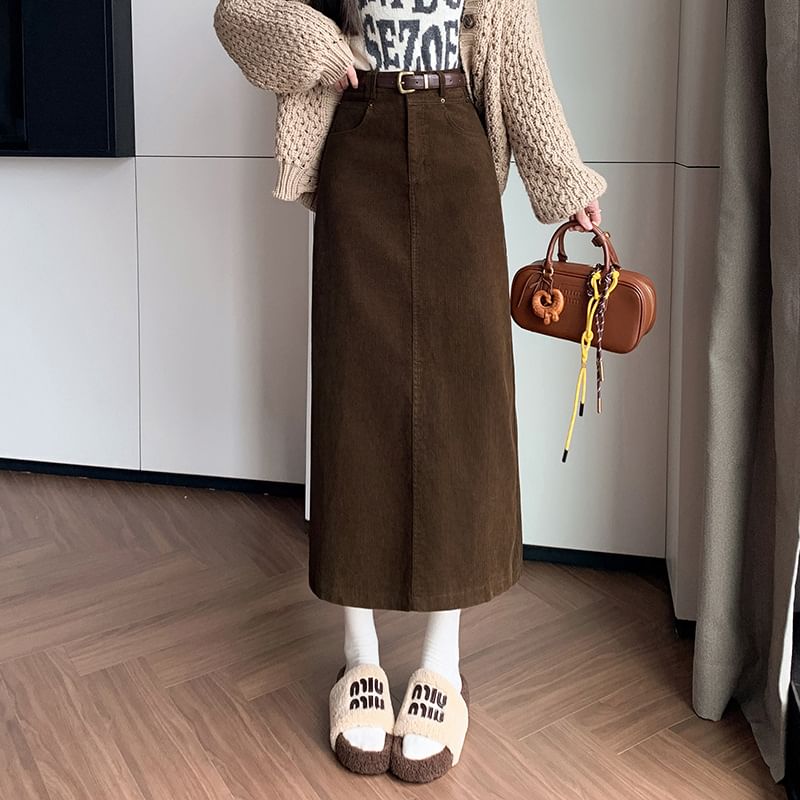 Slit Corduroy Midi Straight Skirt in Plain High-Rise Fit