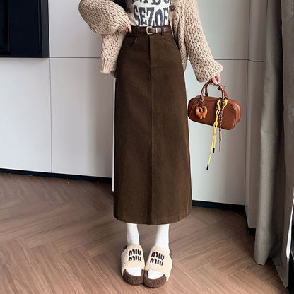 Slit Corduroy Midi Straight Skirt in Plain High-Rise Fit