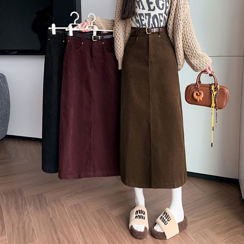 Slit Corduroy Midi Straight Skirt in Plain High-Rise Fit
