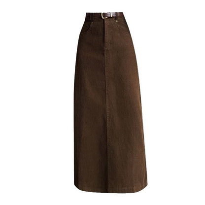 Slit Corduroy Midi Straight Skirt in Plain High-Rise Fit