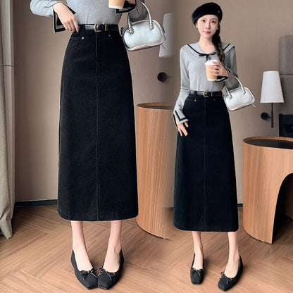 Slit Corduroy Midi Straight Skirt in Plain High-Rise Fit
