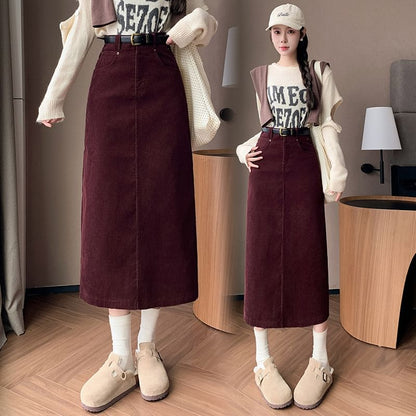 Slit Corduroy Midi Straight Skirt in Plain High-Rise Fit