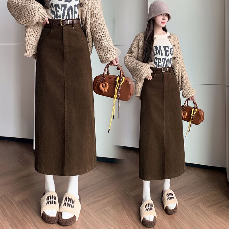 Slit Corduroy Midi Straight Skirt in Plain High-Rise Fit