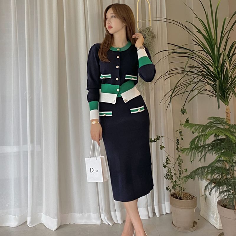 Color Block Button Cardigan with Plain Pencil Skirt Set