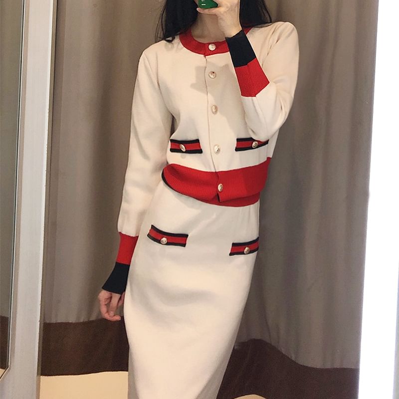 Color Block Button Cardigan with Plain Pencil Skirt Set