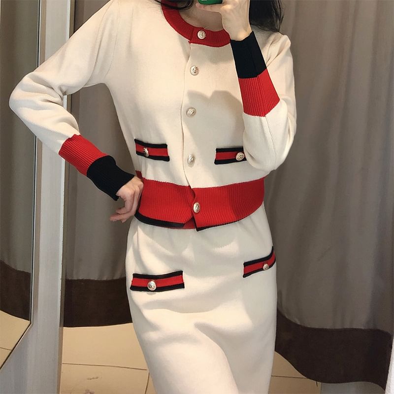 Color Block Button Cardigan with Plain Pencil Skirt Set