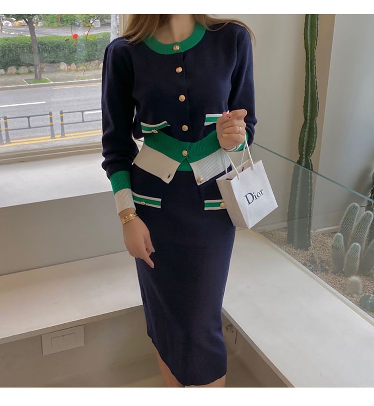 Color Block Button Cardigan with Plain Pencil Skirt Set