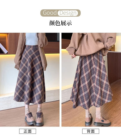 Plaid Midi A-Line Skirt with High Rise