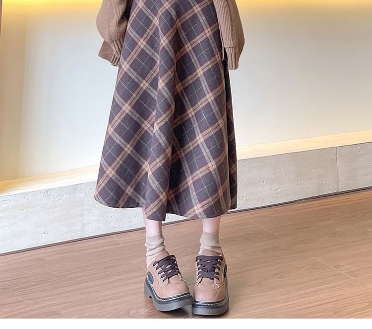 Plaid Midi A-Line Skirt with High Rise