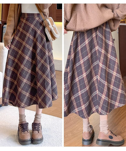 Plaid Midi A-Line Skirt with High Rise