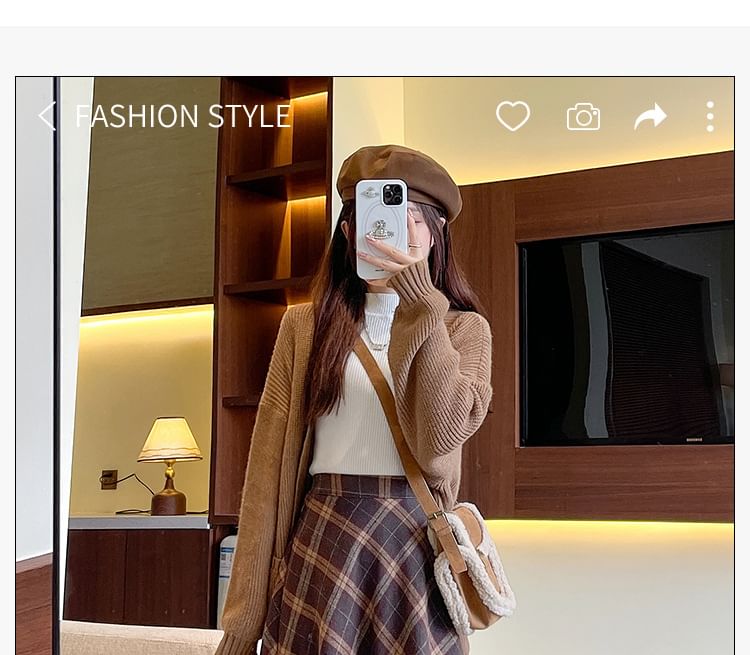Plaid Midi A-Line Skirt with High Rise