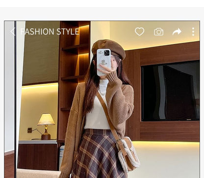 Plaid Midi A-Line Skirt with High Rise