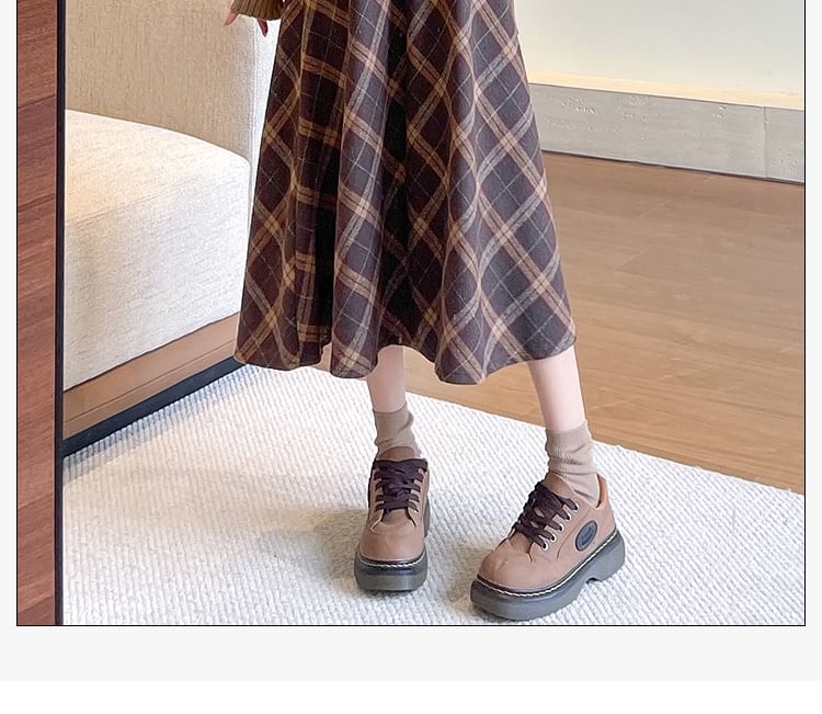 Plaid Midi A-Line Skirt with High Rise