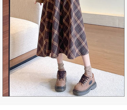 Plaid Midi A-Line Skirt with High Rise