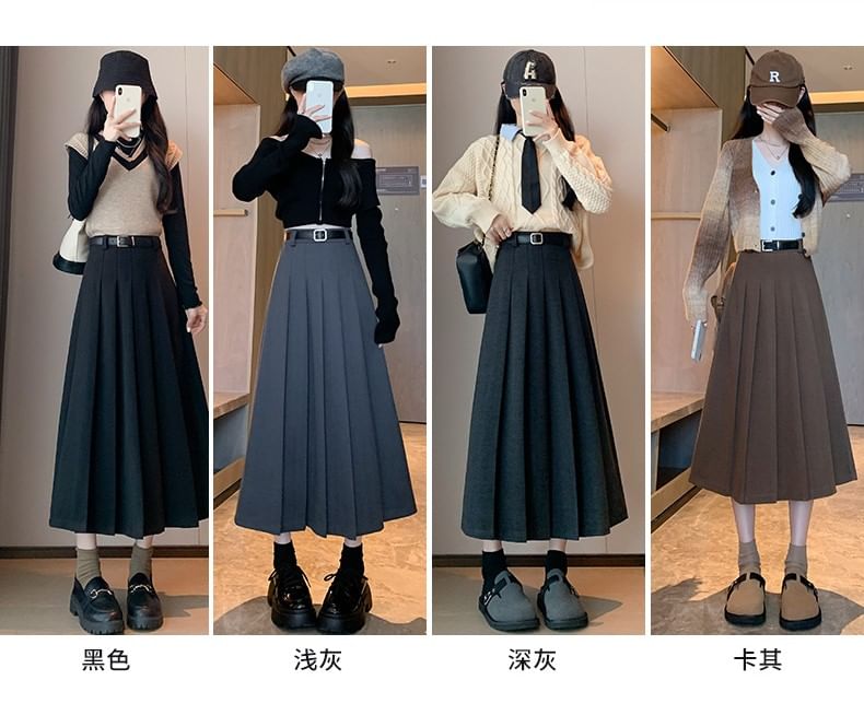 Pleated Midi Skirt and Belt Set with High Waist
