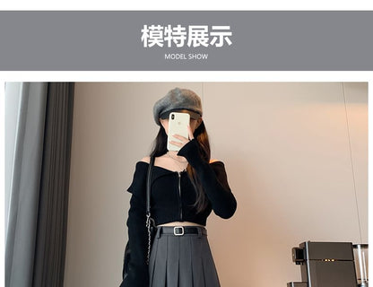 Pleated Midi Skirt and Belt Set with High Waist