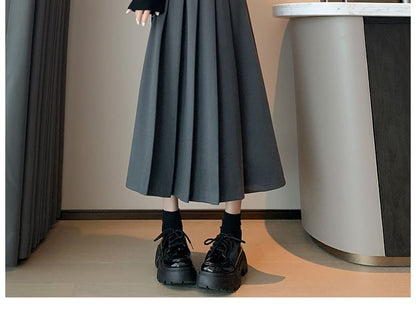 Pleated Midi Skirt and Belt Set with High Waist