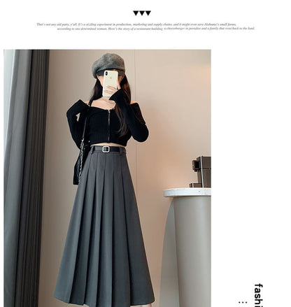 Pleated Midi Skirt and Belt Set with High Waist
