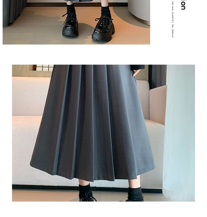 Pleated Midi Skirt and Belt Set with High Waist