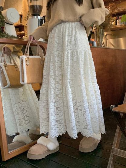Lace Maxi A-Line Skirt with High Rise