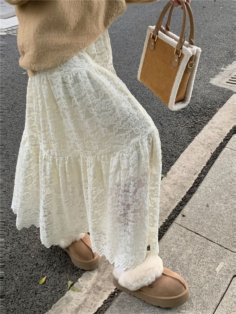 Lace Maxi A-Line Skirt with High Rise