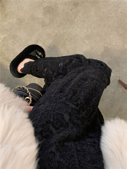 Lace Maxi A-Line Skirt with High Rise
