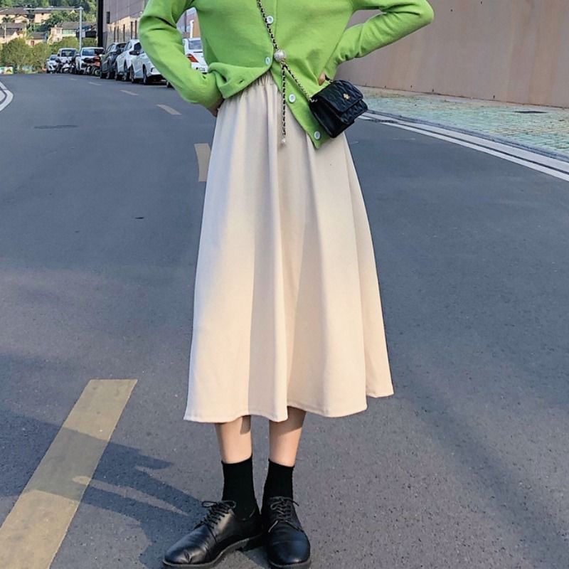 Plain Midi A-Line Skirt with High Rise