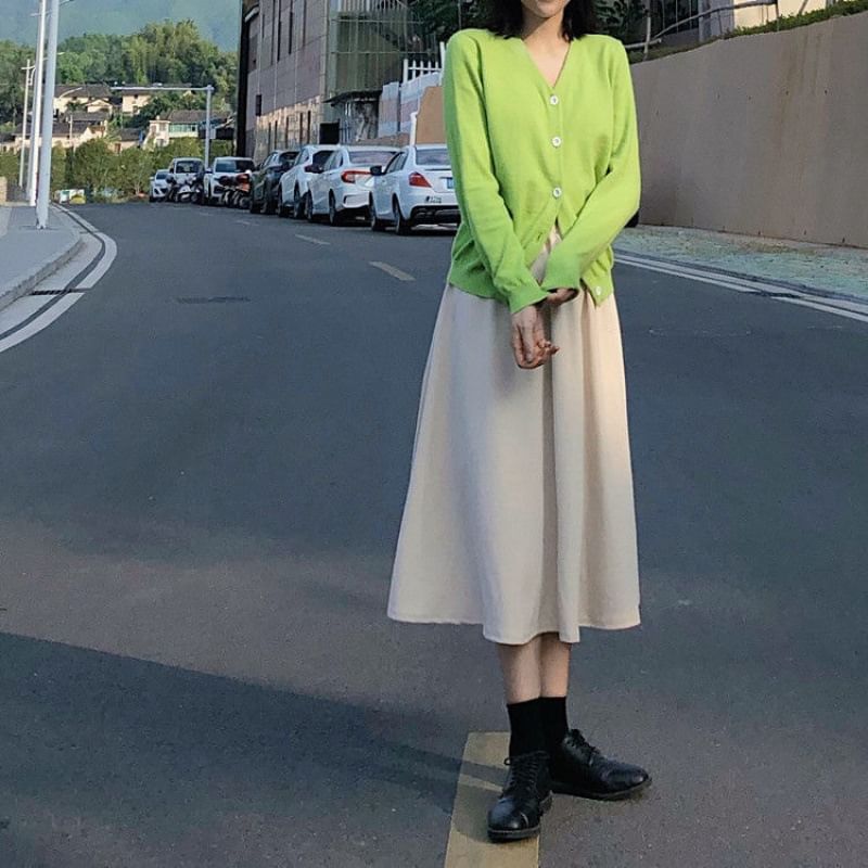 Plain Midi A-Line Skirt with High Rise