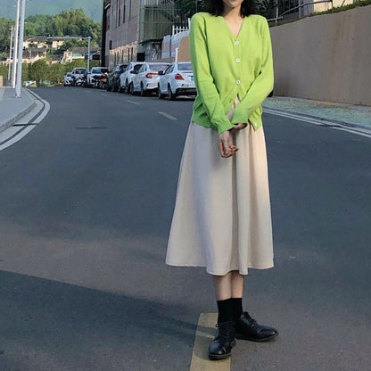 Plain Midi A-Line Skirt with High Rise