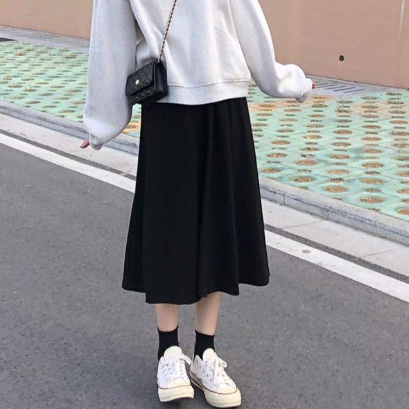 Plain Midi A-Line Skirt with High Rise