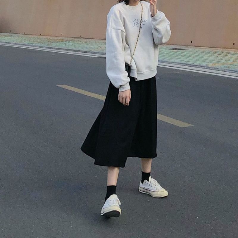 Plain Midi A-Line Skirt with High Rise