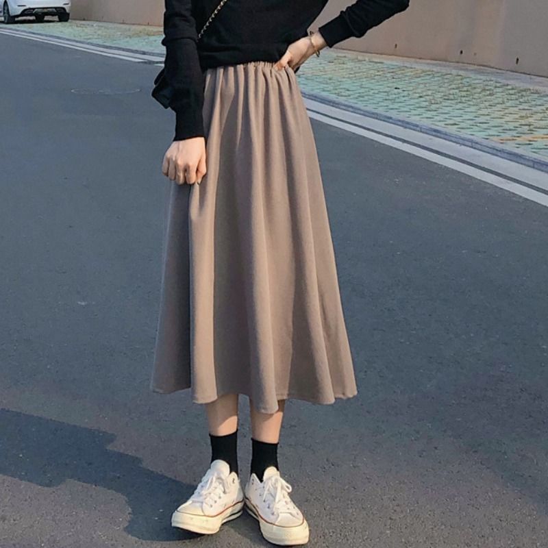 Plain Midi A-Line Skirt with High Rise