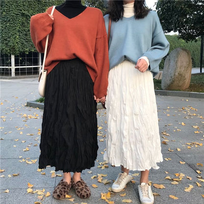 Ruching Maxi A-Line Skirt with High Waist