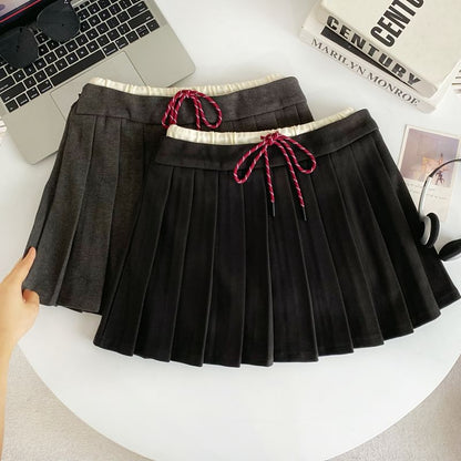 Drawstring Waist Two-Tone Pleated Mini A-Line Skirt