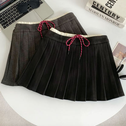 Drawstring Waist Two-Tone Pleated Mini A-Line Skirt