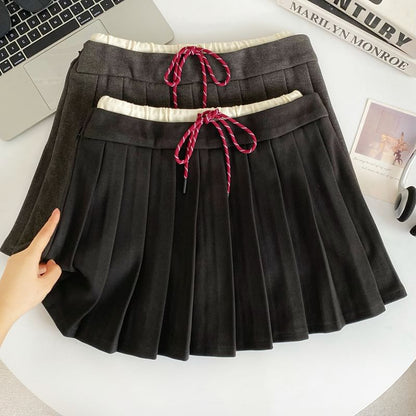 Drawstring Waist Two-Tone Pleated Mini A-Line Skirt