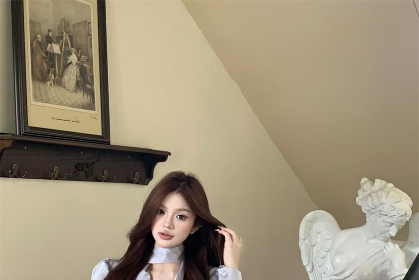 Long-Sleeve Blouse & High Waist Mini A-Line Skirt Set
