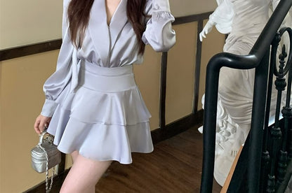 Long-Sleeve Blouse & High Waist Mini A-Line Skirt Set