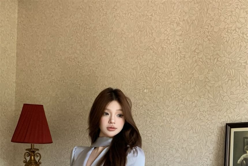 Long-Sleeve Blouse & High Waist Mini A-Line Skirt Set