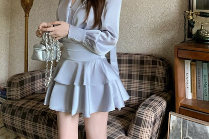 Long-Sleeve Blouse & High Waist Mini A-Line Skirt Set