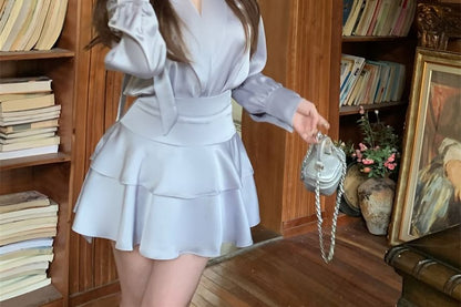 Long-Sleeve Blouse & High Waist Mini A-Line Skirt Set