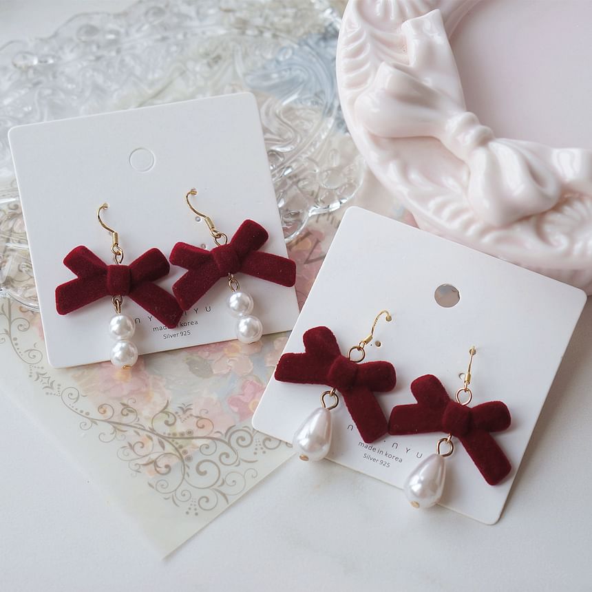 Pearl Bow Hook Clip-On Faux / Earring Drop