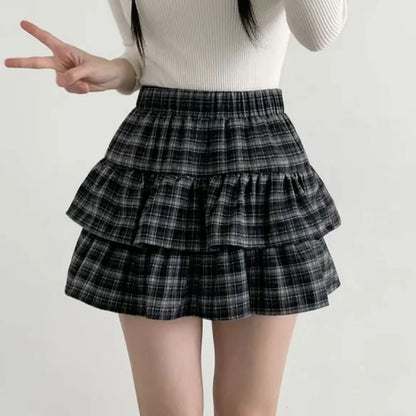 Plaid Ruffle Hem Tiered Skirt with High Waist