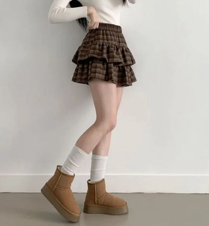 Plaid Ruffle Hem Tiered Skirt with High Waist