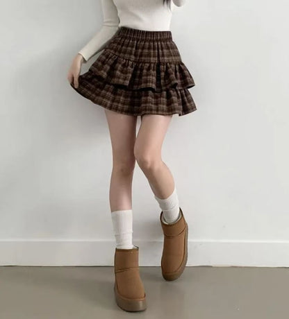 Plaid Ruffle Hem Tiered Skirt with High Waist