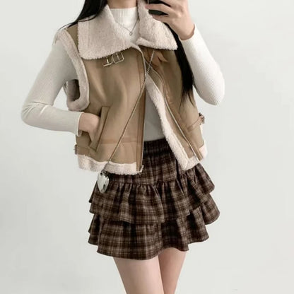 Plaid Ruffle Hem Tiered Skirt with High Waist