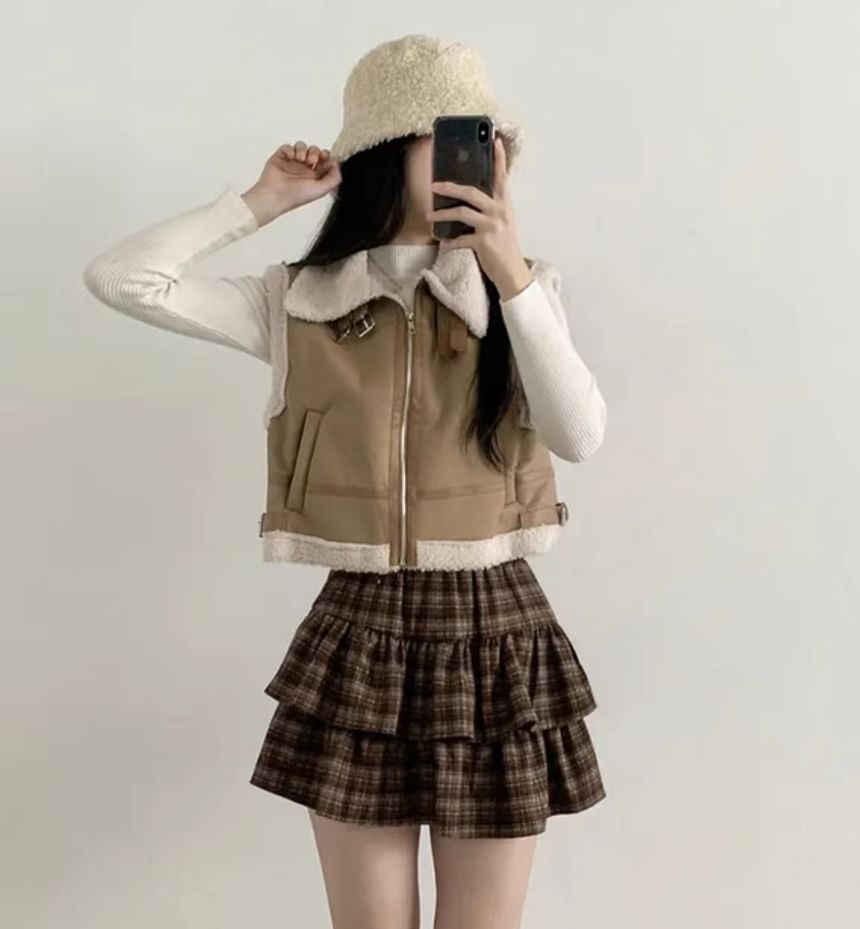 Plaid Ruffle Hem Tiered Skirt with High Waist