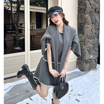 U-Neck Contrast Trim Cardigan, Tank, & Mini A-Line Skirt Set